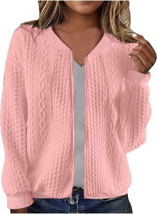 Generic Womens Zip Up Cardigan Knitted Long Sleeve Knitwear Jackets Casual Elegant Plain V Neck Copped Cable Knit Cardigan Ladies Winter Autumn Comfy Thermal 
