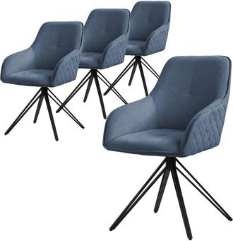 ML Design Ml-design - Set 4x Silla De Comedor Giratoria Con Respaldo Y Reposabrazos Asiento Azul De Tela Tejida Tapizado Con Patas De Metal Sill&oacute;n Dise&ntilde;o Ergon&oacute;