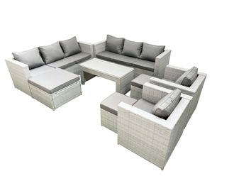 Fimous Outdoor Garden Furniture Rattan Sofa Set with 2 Armchairs Oblong Coffee Table 3 Footstools Light Grey Mixed