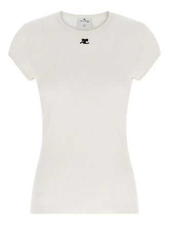 Courr&egrave;ges logo-embroidery crew-neck T-shirt - women - Cotton - S - Neutrals