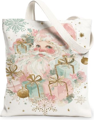 Generic Christmas Santa Canvas Tote Bags, Festive Holiday Print Reusable Grocery Bags, Lightweight Washable Shoulder Strap Canvas F, White, 13x15 Inch