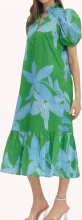 Entro Botanical Cotton Midi Dress In Green