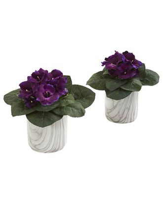 Nearly Natural Set of 2 Gloxinia Artificial Plants in Marble Finished Vase