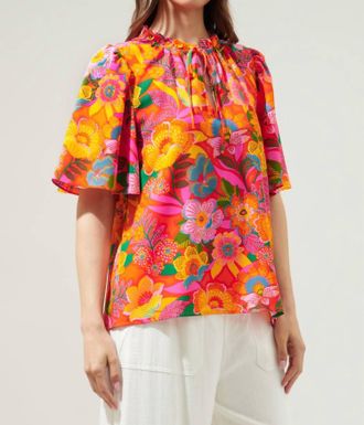 Sugarlips Idalia Ruffle Split Neck Blouse In Orange Floral