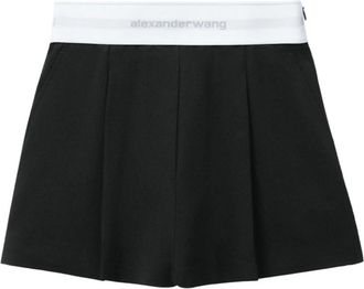 Alexander Wang High-Waist Geplooide Short met Logo Elastiek - Dames - Bermuda - Zwart - XS - Wol - Korte Broeken