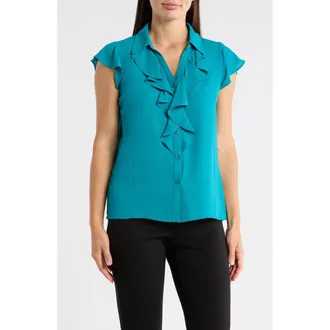Calvin Klein Ruffle Woven Top in Petrol at Nordstrom Rack, Size X-Small