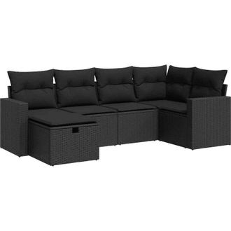 vidaXL Set De Sof&aacute;s De Jard&iacute;n 6 Piezas Y Cojines Rat&aacute;n Sint&eacute;tico Negro