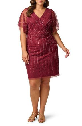 Adrianna Papell Surplice Beaded Mesh Dress in Mahogany at Nordstrom, Size 22W