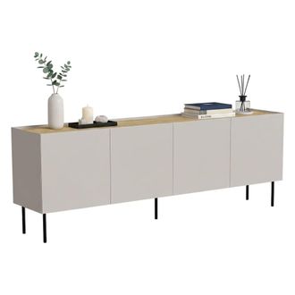 Dmora Aparador Sagrado, Aparador De Sal&oacute;n Con Cuatro Puertas Batientes Y Compartimentos Interiores, Elevado Del Suelo, 200x40 H70 Cm, Beige Y Roble