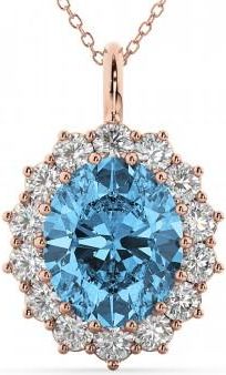 Allurez Oval Blue Topaz & Diamond Halo Pendant Necklace 14k Rose Gold (6.40ct)