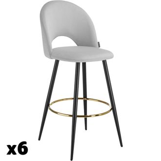 TecTake 6 taburetes altos con terciopelo, respaldo y reposapi&eacute;s, gris/negro