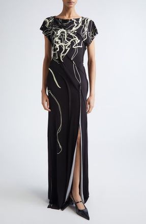 Jason Wu Scribble Floral Print Jersey Gown in Black/Chalk at Nordstrom, Size 12