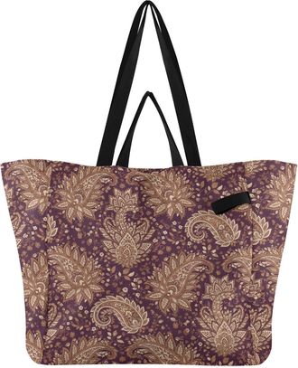 Generic Flowers Paisley Leaves Purple pattern Reusable Canvas Tote Bag, Heavy Duty Grocery Shopping Bag with Hard Bottom Large Capacity Double Handles Work Gr