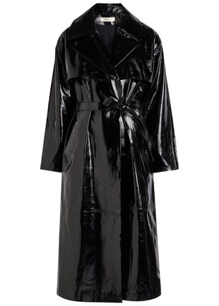 Skiim Karla Belted Patent Leather Trench Coat - Black - 40 (UK12 / M)
