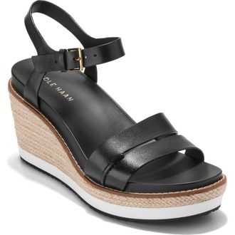 Cole Haan Ronnie Cloudfeel Espadrille Platform Wedge Sandal in Black Leather/Natural at Nordstrom Rack, Size 5.5
