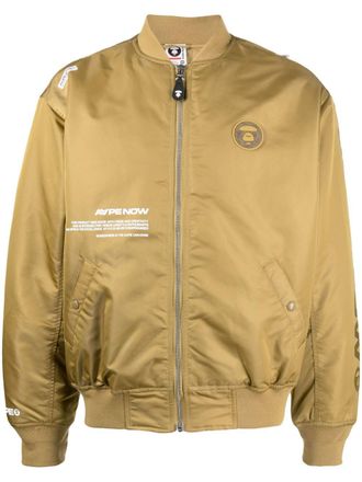 Aape By A Bathing Ape logo-patch zip-up bomber jacket - men - Nylon/Nylon/Polyester/Spandex/Elastane/Elastodiene/Polyester - M - Brown