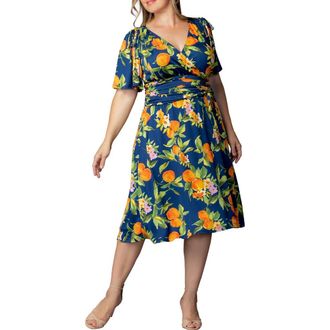 Kiyonna Jemma Ruched Tie Dress in Navy Citrus Print at Nordstrom, Size 0X