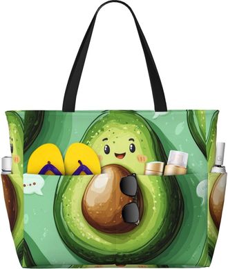 Generic Cute Avocados Print Large Beach Bag Foldable Travel Shoulder Tote Bag With Pocket For Weekender Pool Vacation