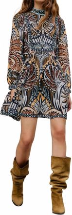 Farm Rio Long Sleeve High Neck Flared Skirt Mini Dress In Multicolor