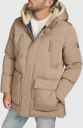 Andrew Marc Essential Water Resistant Faux Shearling Lined Down & Feather Insulated Puffer Parka in Toffee at Nordstrom Rack, Size Xx-Large