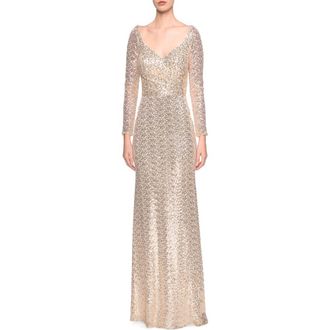 La Femme Long Sleeve Sequins Gown with Soft V-Neckline in Light Gold at Nordstrom, Size 12