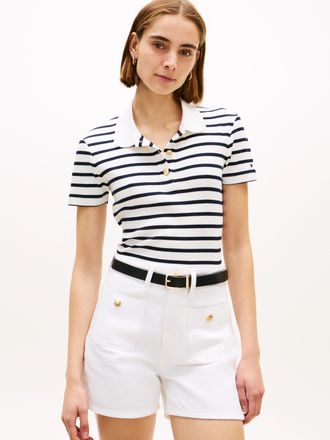 Tommy Hilfiger Poloshirt TOMMY HILFIGER GOLD BUTTON SLIM SS POLO, Damen, Gr. L (42/44), breton stp ecru, schwarz night navy, Single Jersey, Obermaterial: 100% Baumwo