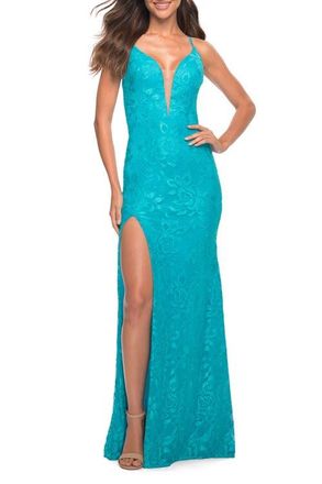 La Femme Bright Stretch Lace Prom Dress with Deep V Neckline in Aqua at Nordstrom, Size 8
