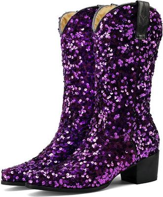 Generic Womens Sequins Sparkly Western Cowgirl Boots Pointed Toe Chunky Heels Mid Calf Pull On Wedding Party Performance Shoes (7.5,Purple)