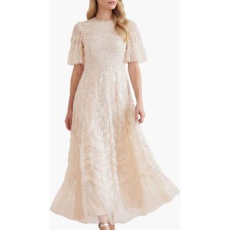 Needle & Thread Gianna Ruffle Short Sleeve Maxi Gown in Cream at Nordstrom, Size 12