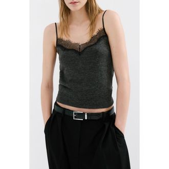 Mango Lace Trim Camisole in Dark Heather Grey at Nordstrom, Size Medium