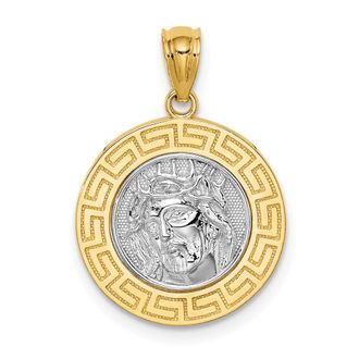 Diamond2Deal 14k Yellow Gold and White Rhodium with Greek Key Edge Jesus Medal