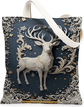 Generic Winter Deer Canvas Tote Bags, Elegant Animal Floral Design Reusable Shopping Bags, Vintage Decorative Lightweight Washable, Blue, 13x15 Inch