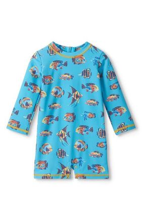 Hatley Tropical Ocean Long Sleeve One-Piece Rashguard Swimsuit in Blue at Nordstrom, Size 12-18M
