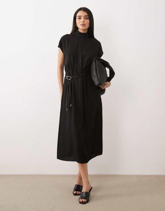 Mango Vestito midi senza maniche accollato nero con cintura