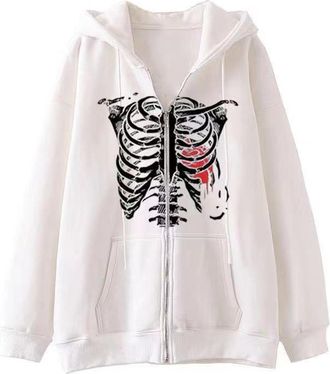 Generic 2025 Halloween Men Zip Up Oversized Hoodie Gothic Skeleton Ribs Graphic Alt Big Baggy Fleece Jacket 90s Punk (White, M)