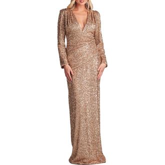Tadashi Shoji Sequin Ruched Long Sleeve Gown in Copper at Nordstrom, Size X-Large
