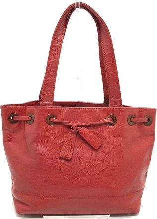 Chanel Red Color Grained Calfskin Handbag Tote Bag (Pre-Owned)