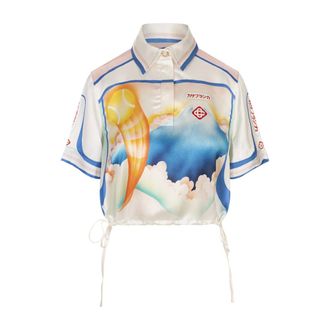 Casablanca Shirts, female, Multicolor, S, Fuji Dream Short Sleeve Silk Cropped Shirt