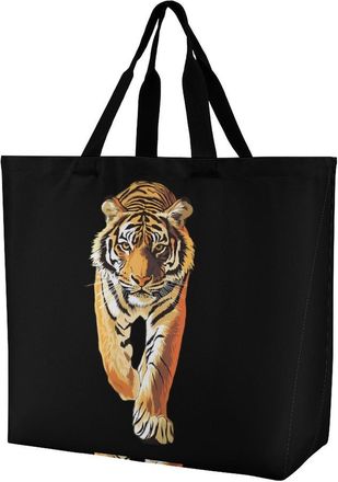 Generic Tiger Walking Reusable Shopping Bags One Shoulder Grocery Tote Bag Waterproof Big Purse for Work Travel