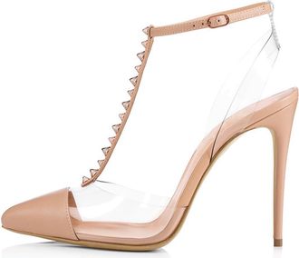 Generic Womans Fashion Pointed Toe Ankle Strap High Heel Sandals Sexy Stiletto Heel Rivet T-Strap PVC Dress Shoes Sandles for Bridal Evening Prom,apricot,2.5 