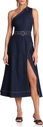 Avec Les Filles One-Shoulder Denim Midi Dress in Royal Rinse at Nordstrom, Size 14