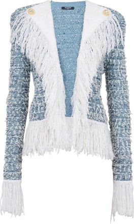 Balmain V-hals Getailleerd Jasje met Franjes - Dames - Blazers - Blauw - S - Leer - Jassen