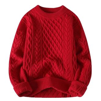 Generic Men Autumn Winter Knitted Crew Neck Aran Sweater Pullover Long-Sleeve Loose Harajuku Retro Knitting Sweaters, M8531-red, Large
