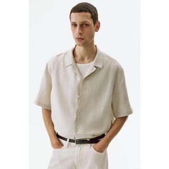 H&M Relaxed Fit Linen Resort Shirt in Light Beige at Nordstrom, Size Xx-Large