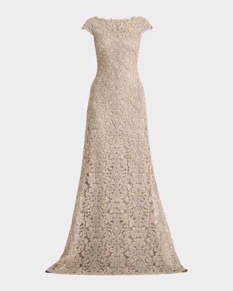 Tadashi Shoji Hoyt Embroidered Cap-Sleeve Gown