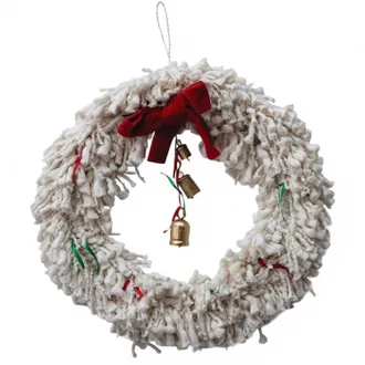Creative Co-op Handmade Yarn Wreath With Bow And Bells In Ivory