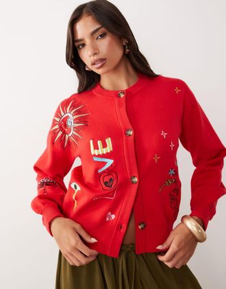 Never Fully Dressed Cardigan in maglia a maniche lunghe rosso con bottoni e ricami