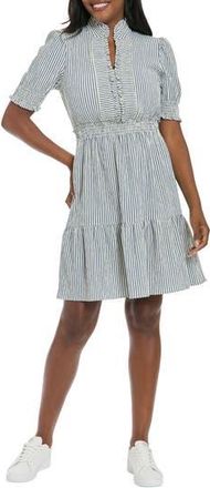 London Times Stripe Ruffle Neck Puff Shoulder A-Line Minidress in Cream/Navy at Nordstrom Rack, Size X-Large P