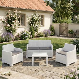 Dmora Conjunto De Sal&oacute;n De Exterior Vieste, Conjunto De Jard&iacute;n Con 2 Sillones, 1 Sof&aacute; Y 1 Mesa De Centro, Efecto Rattan Con Cojines, 100% Made In Italy, Bla