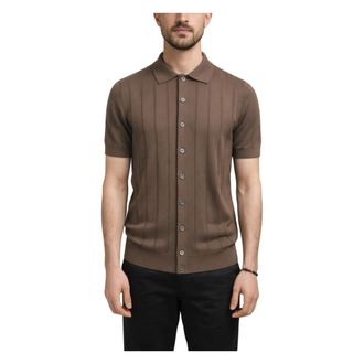 Gran Sasso Kort&auml;rmad Geribde Gebreide Shirt - Heren - Vesten - Bruin - S - Katoen - Truien & Vesten